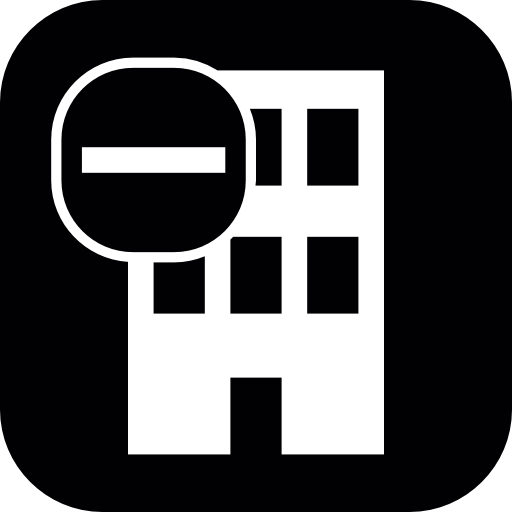 Building with minus sign in a rounded square